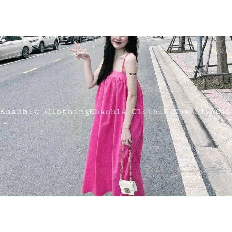 Váy 2 dây đầm maxi đi biển, kiểu váy nữ dáng dài qua gối chun ngực freesize babydoll xanh lá ,hồng đẹp vintage .