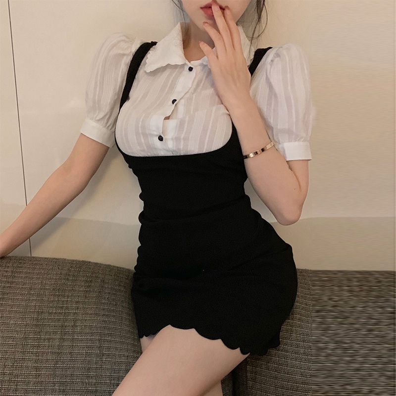 Jiashucheng Áo Đầm Giả Hai Mảnh Tay Ngắn Phồng Thời Trang Mùa Hè Kiểu Mới