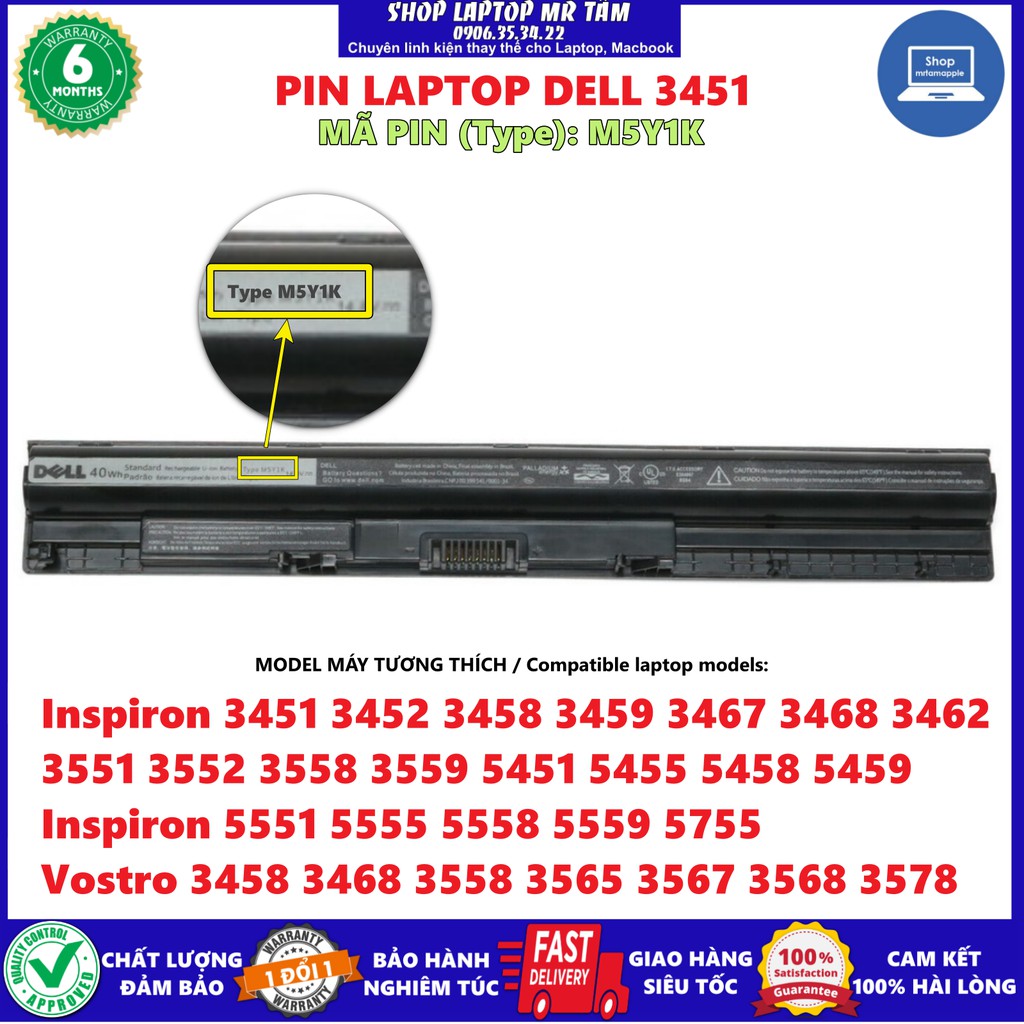 (BATTERY) PIN LAPTOP DELL 3451 (ZIN) - 4 CELL - Inspiron 3451 3458 3551 3552 3558 5451 5455 5458 5459 5551 5555 5558 55