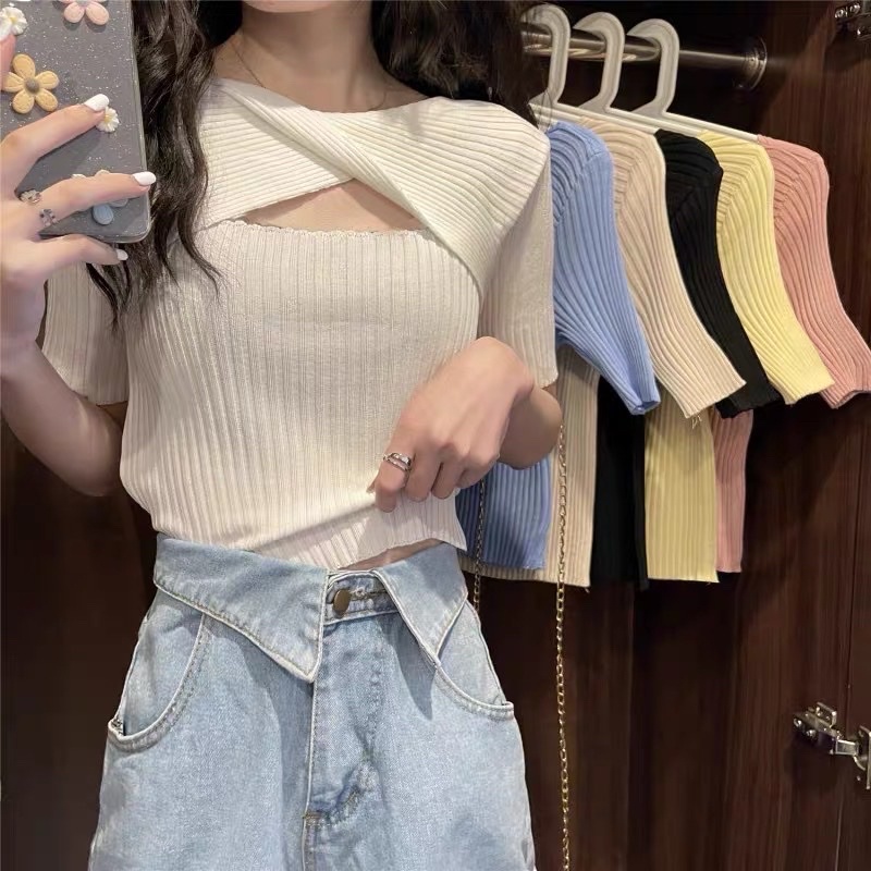 áo len dệt kim kiểu xoắn chéo giữa (8743#)