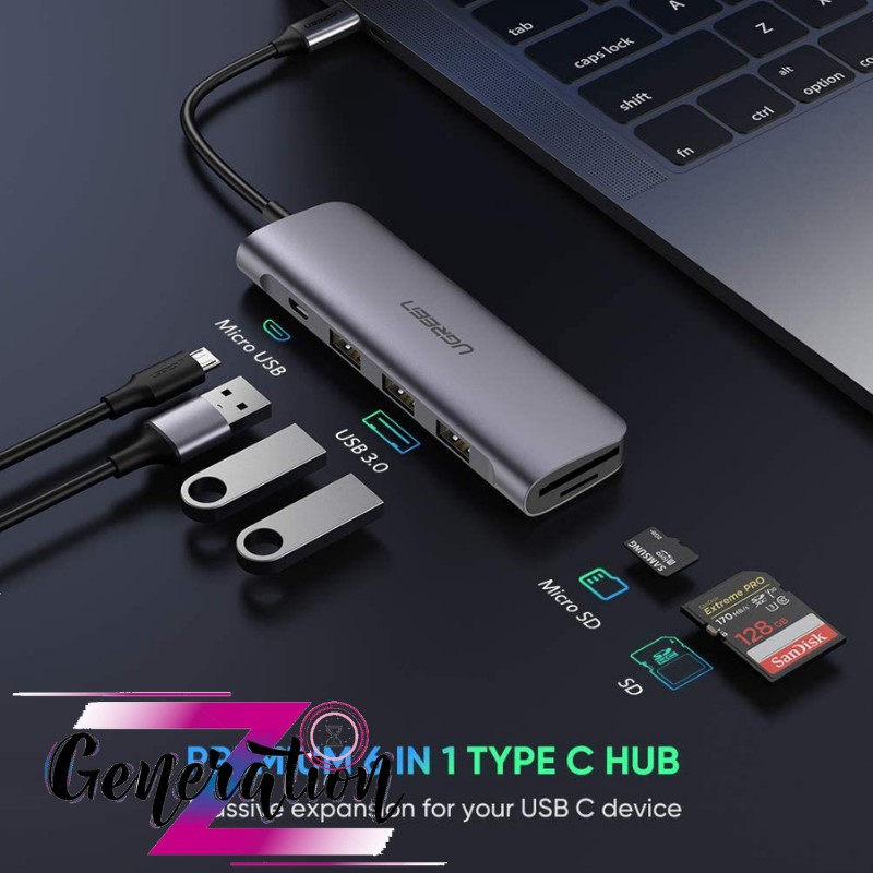 Hub chuyển USB Type-C ra 3 cổng USB 3.0 + đọc thẻ TF/SD kèm nguồn Ugreen 50850