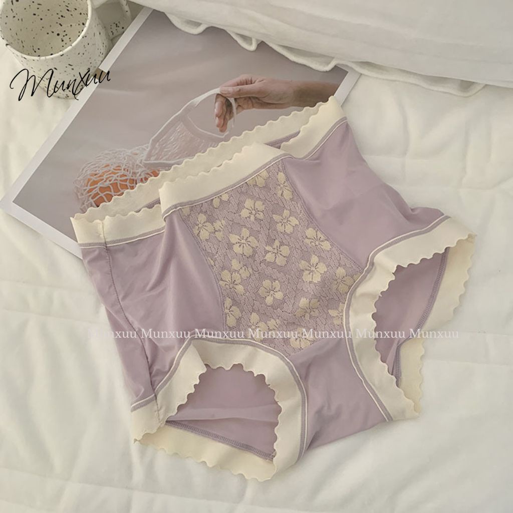 Quần lót nữ gen bụng cạp cao nâng mông MUNXUU vải cotton co dãn phối ren thêu hoa - GB12