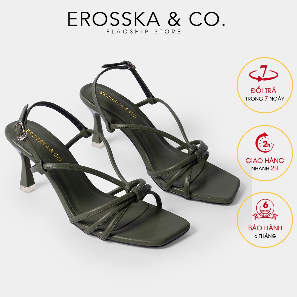 Giày sandal cao gót Erosska mũi vuông phối dây gót nhọn cao 7cm màu xanh rêu EB028