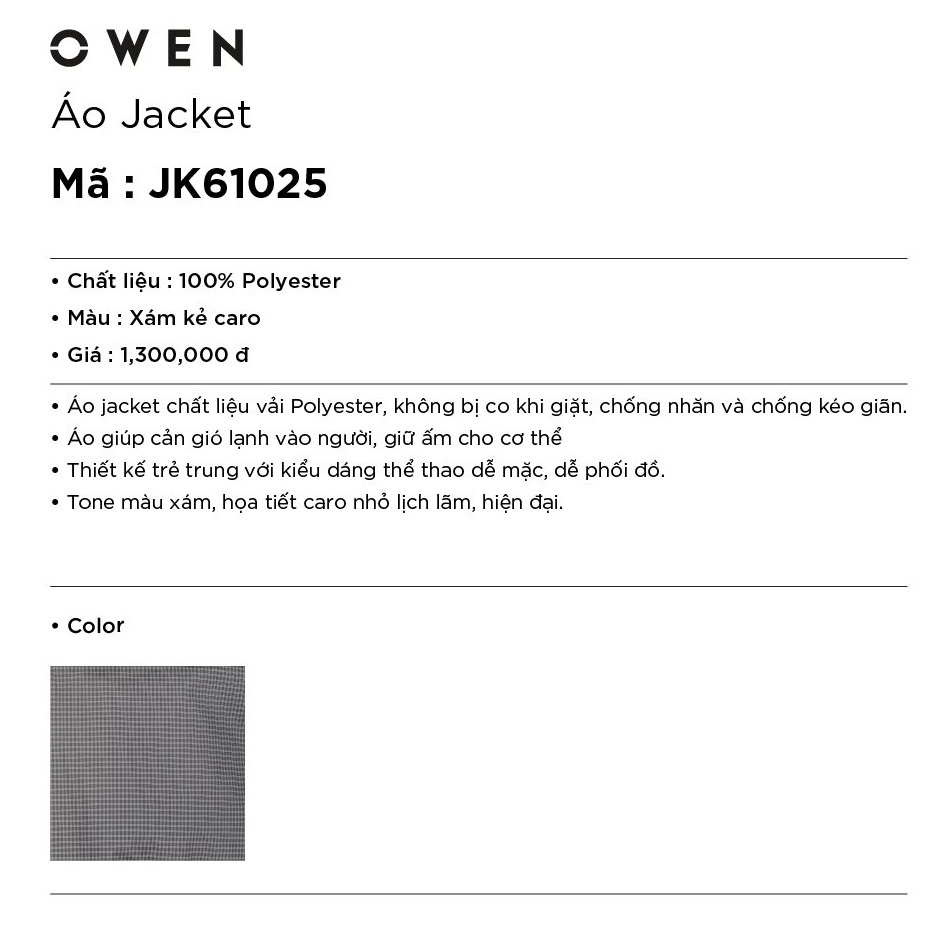 Áo Khoác Nam Owen JK61025 Jacket Dáng Bomber Màu Xám Kẻ Caro Trắng Cổ Tay Và Gấu Áo Bo Chun Tiện Lợi Chất Liệu Plyester