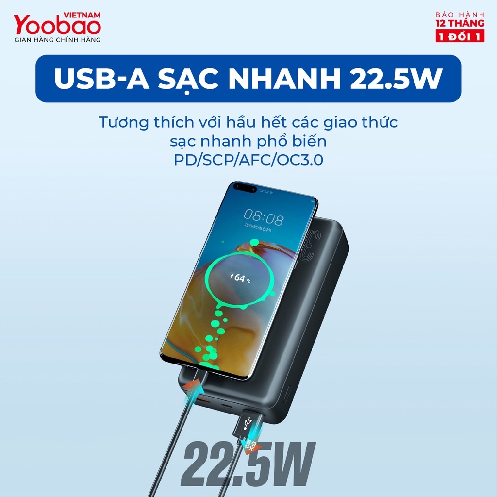 Pin Sạc Dự Phòng Yoobao D30Q Dung Lượng khủng 30000mAh, Sạc Nhanh 22.5W Phù Hợp Với Máy Tính Bảng, Điện Thoại