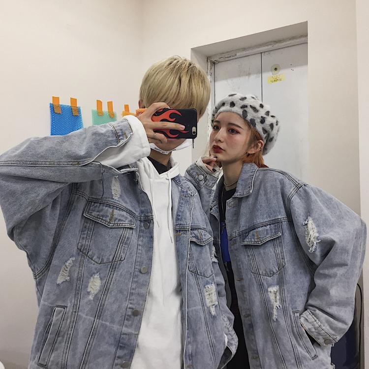 Áo khoác jeans kiểu rách nam nữ ulzzang