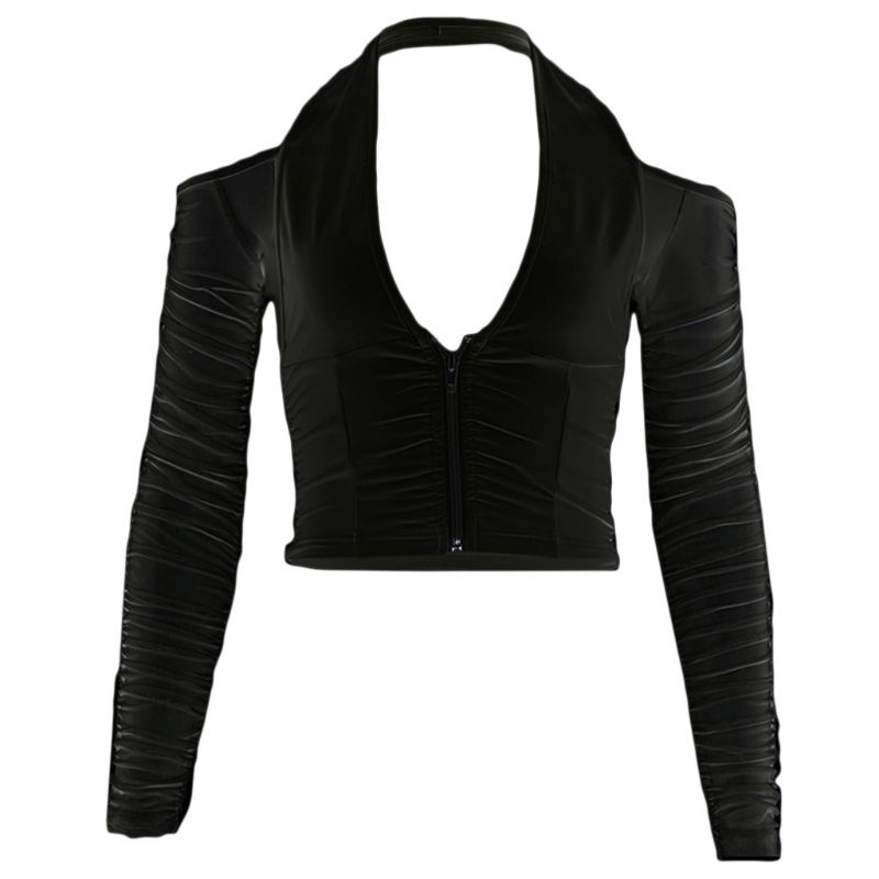 Áo Croptop Tay Dài Cổ Chữ V Phối Lưới Có Khóa Kéo Quyến Rũ Thời Trang Cho Nữ