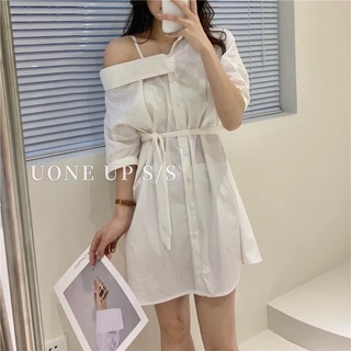 A028 Áo sơ mi trắng hở vai đai thắt eo hiện đại sang chảnh Váy sơ mi lệch vai tiểu thư bánh bèo nữ tính Ulzzang cute đẹp