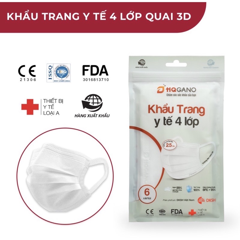 (6 Cái/Gói) khẩu trang y tế quai 3D mới 4 lớp HQGANO chống bụi mịn, kháng khuẩn, không đau tai, chất liệu cực mềm mại
