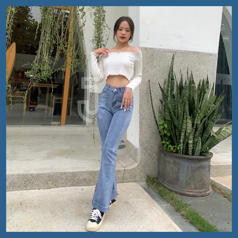 Áo croptop tay dài nữ JEANIE áo trễ vai tiểu thư chất len tăm ôm body sang chảnh