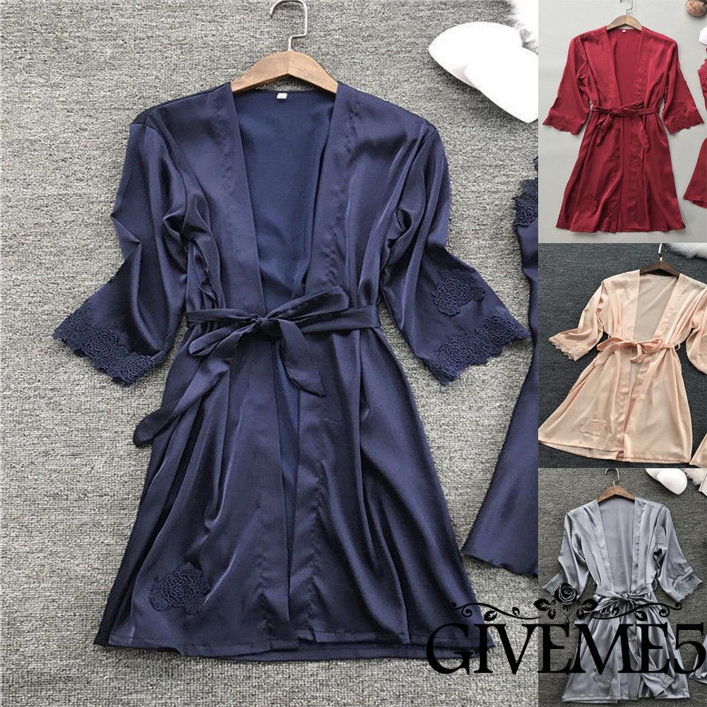 GIVEME-Women Kimono Robe Dress Satin Silk Lace Sleepwear Nightdress Fashion Sexy Babydoll Underwear