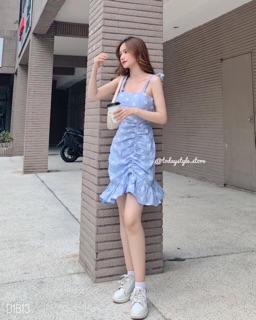 Đầm hoa cúc hai dây cột nơ rút đuôi cá (Ảnh thật)