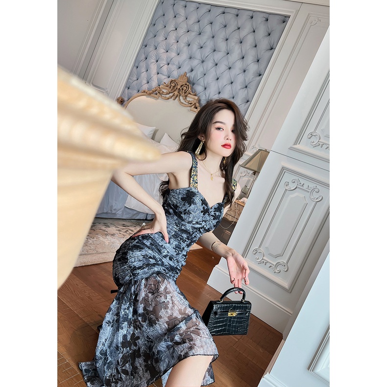 ZYHT  Đầm Cưới Đuôi Cá Màu Xám In Hoa Thời Trang Hàn Quốc Cho Bạn Gái  10129