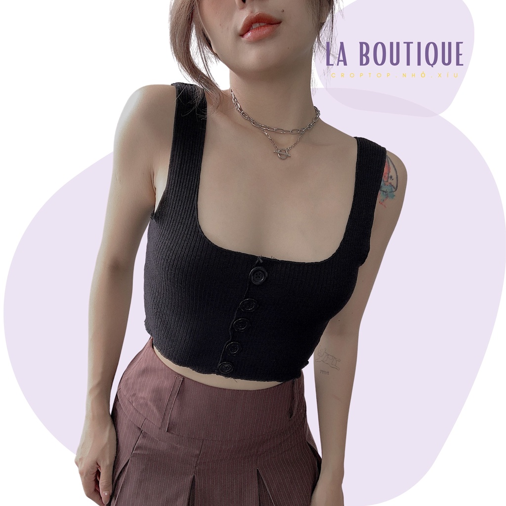 Áo croptop nữ 2 dây bản to La Boutique đính nút cổ vuông màu đen freesize thun gân dáng ôm body