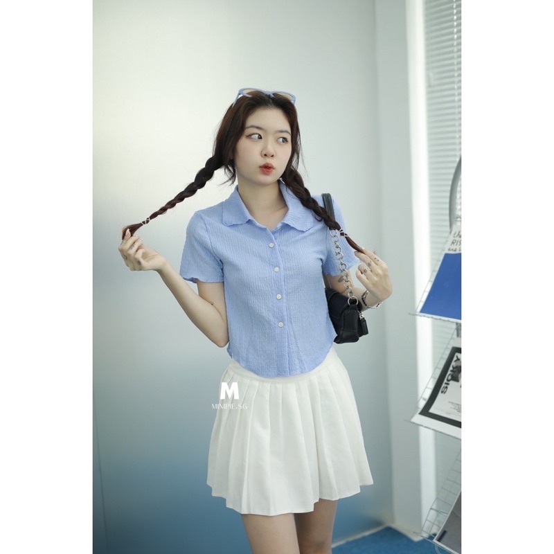 Áo Croptop Tay Ngắn Cổ Sơ Mi Kiểu Dáng Hàn Quốc - Minipie
