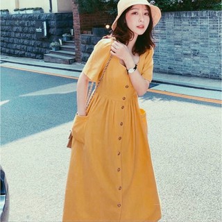 Đầm váy freesize vàng nghệ 2 túi