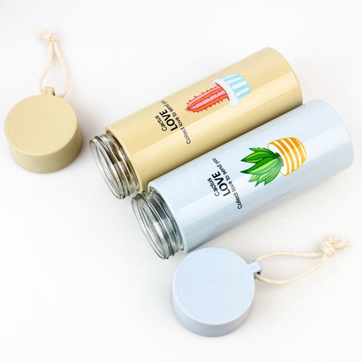 Bình giữ nhiệt 6OUP lõi thủy tinh cao cấp - bình đựng nước 400ml có dây xách hình xương rồng dễ thương tiện lợi