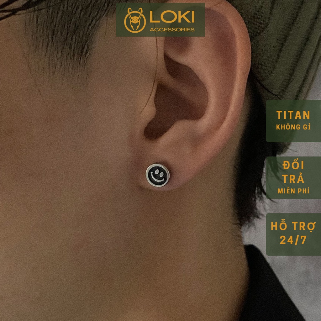 Khuyên Tai Nam Nữ Black Smile Mặt Cười Đen Loki Accessories Nhỏ Tròn - Bông Tai Unisex Titan - Black Smile