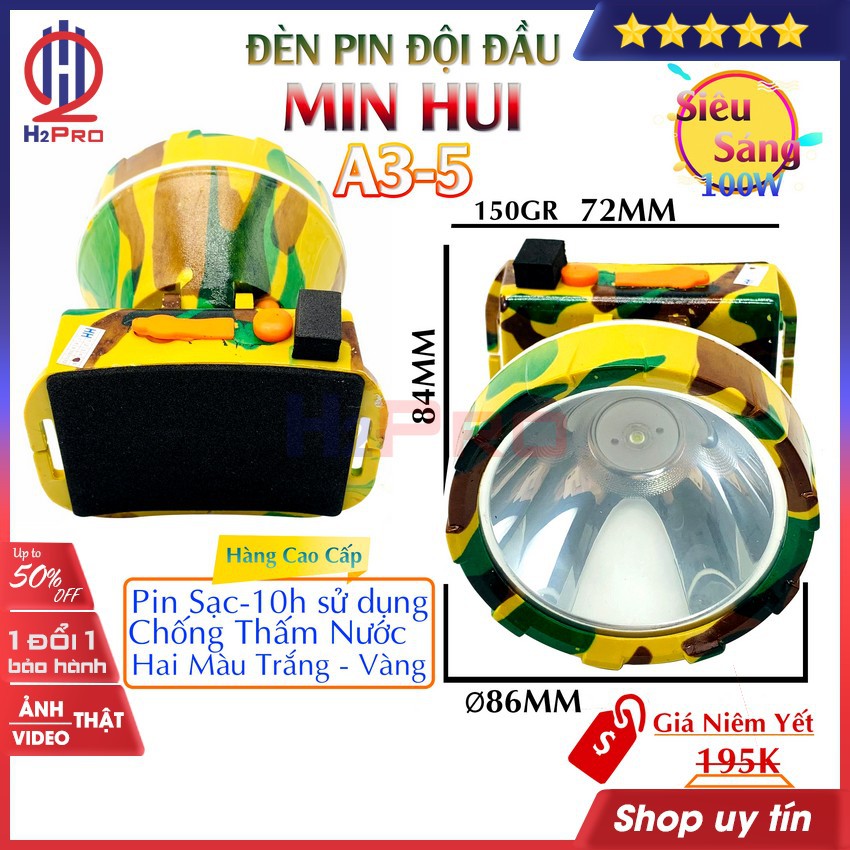 Đèn pin đội đầu siêu sáng 100W MIN HUI A3-5 H2Pro cao cấp LED-pin sạc-10h sử dụng-chống nước (1 bộ), ánh sáng trắng-vàng