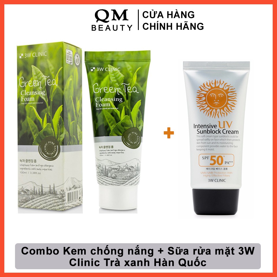 Combo kem chống nắng 3W Clinic Intensive Uv và Sữa rửa mặt 3W Clinic trà xanh Hàn Quốc