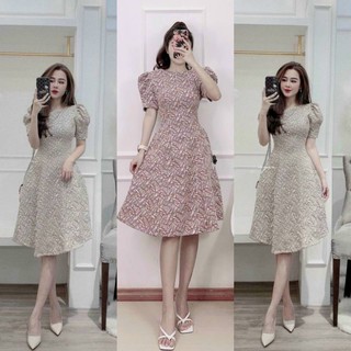 V369 Đầm dự tiệc, Đầm dáng xòe dài, chất liệu xốp gấm, họa tiết hoa nổi, tay bồng nhẹ nhàng