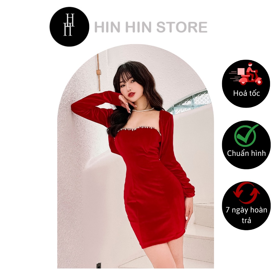 Set đầm nhung ôm body đính đá và áo khoác ngắn màu đỏ HDT263 Hỉn Hỉn Store