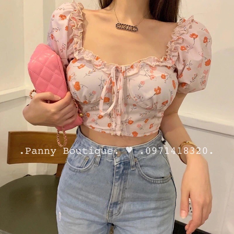 Áo croptop cổ vuông hoa nhí tông cam đào , style ulzzang Hàn Quốc 🌻 Panny Boutique 🌻