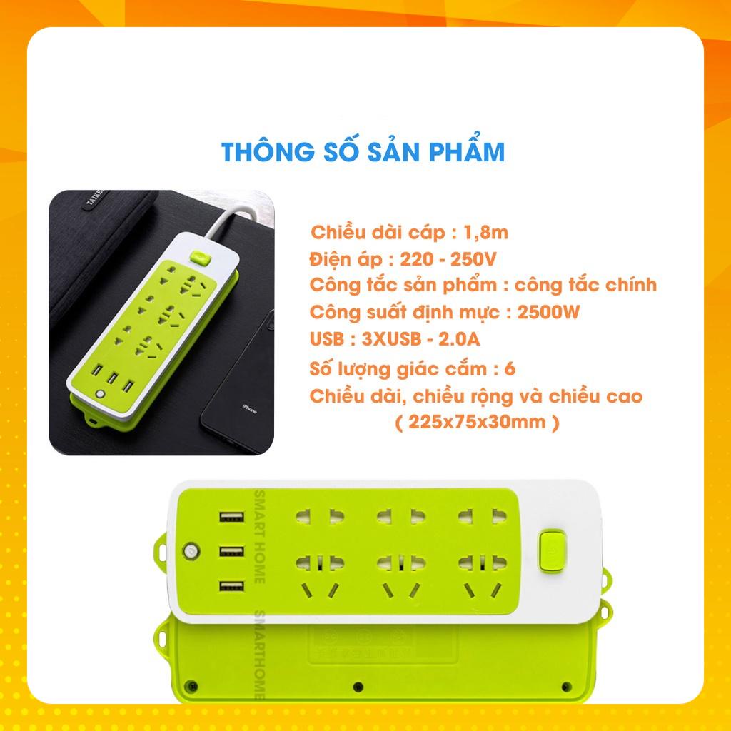 Ổ cắm điện USB nhiều lỗ cắm đa năng thông minh kết hợp sạc nhanh, 6 ổ cắm điện, 3 usb, chống giật