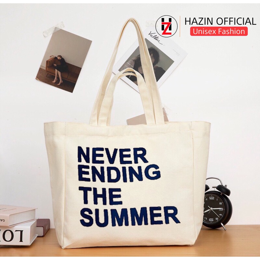 Túi tote HAZIN size lớn vải canvas ulzzang unisex Never Ending có khoá miệng ngăn phụ đi học đi chơi đựng vừa khổ a4