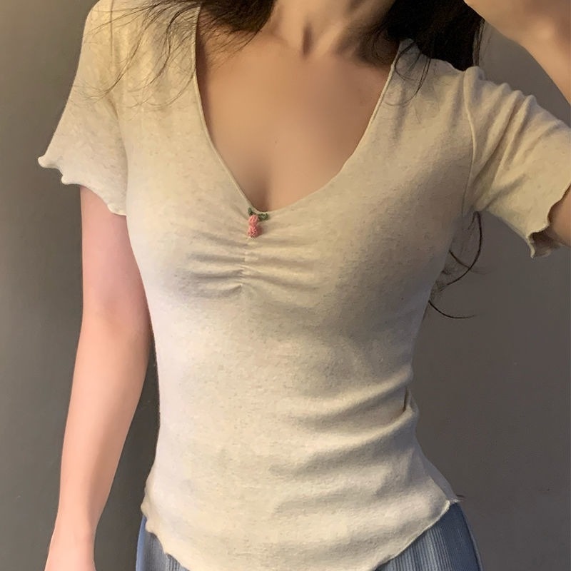 Áo Thun Tay Ngắn Cổ Chữ V Mềm Mại Dáng Ôm Thời Trang Mùa Hè Dành Cho Nữ