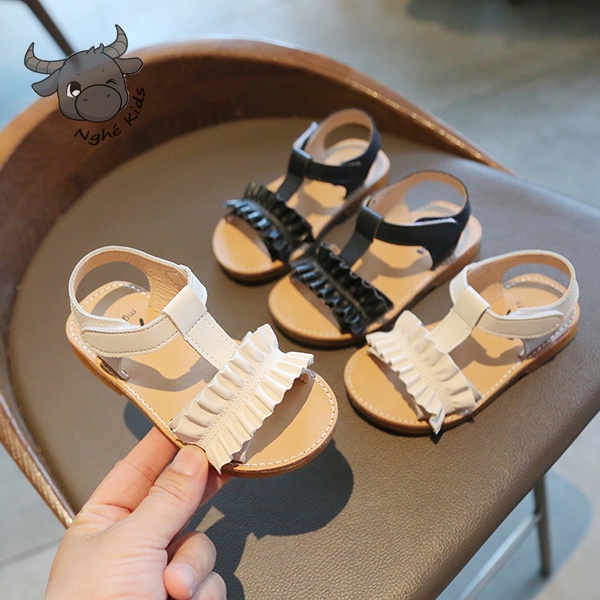 Xăng đan quai ngang gắn viền bèo nhún đế êm da PU mềm mại - Sandal cho bé gái
