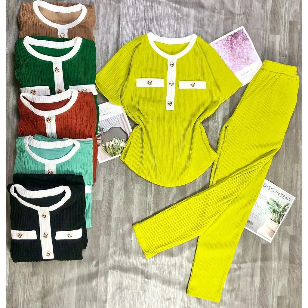 Sét đồ bộ nữ chất liệu xốp nhật cao cấp sét nữ áo tay ngắn phối quần dài Sét bộ đồ phối viền đính nút sang chảnh