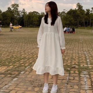 Đầm babydoll trắng tay phồng suông kèm ảnh thật