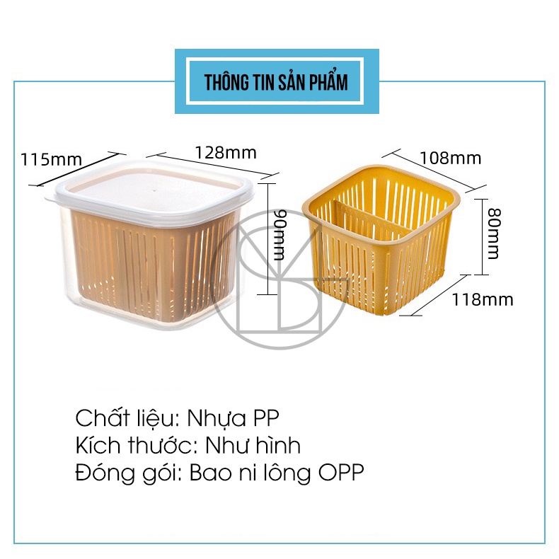 Hộp Bảo Quản Thực Phẩm Gừng Hành Tỏi hình vuông, 2 lớp tách nước, có chia ngăn