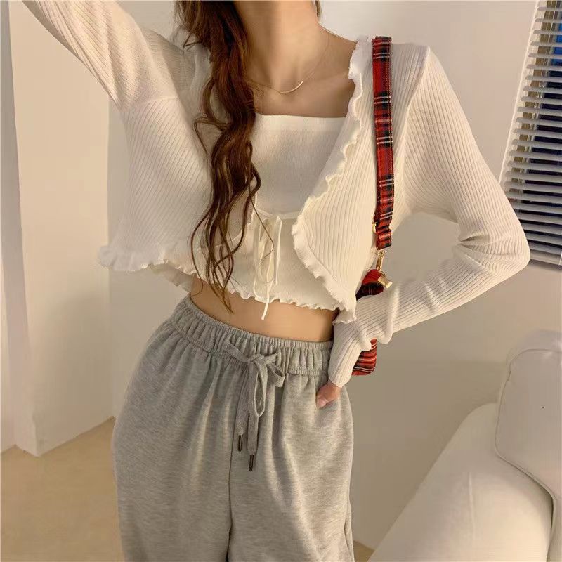 Happy-store ❤️ Áo cardigan croptop tay dài nữ , áo khoác crt ôm body len gân thân 2 lớp màu đen trắng bánh bèo