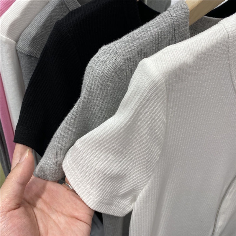 COZOK Áo Thun Ngắn Tay Lưng Cao Dáng Ôm Phối Khóa Kéo Đôi Cá Tính