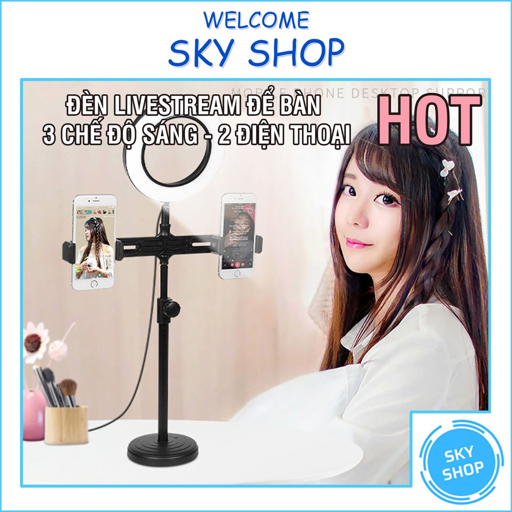 Đèn Livestream Để Bàn 3 Chế Độ Sáng - Kẹp 2 Điện Thoại Có Đèn Hỗ Trợ, Quay Tiktok, Make Up