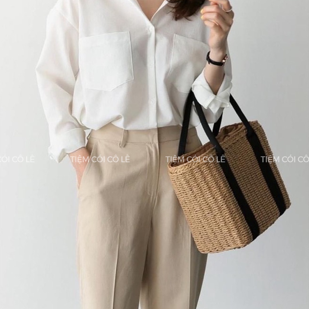 Túi cói chữ nhật quai vải đen neverfull siêu bền, làn cói phụ kiện đi chơi đi biển chụp ảnh - Tiệm Cói Cô Lê