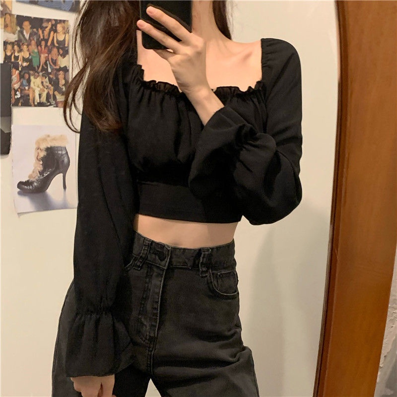 Áo Sơ Mi Tay Dài Phồng Cổ Vuông Phong Cách Hàn Quốc Mới Cho Nữ