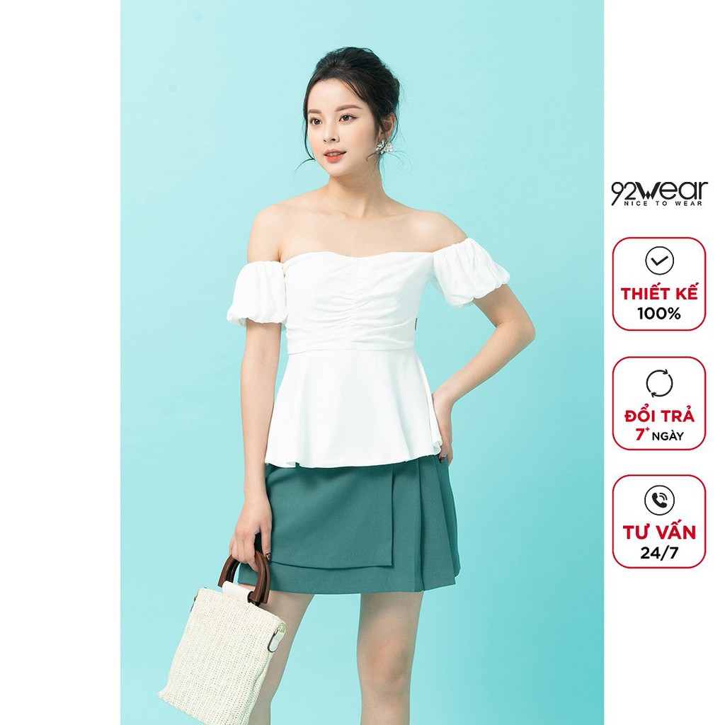 Áo sơ mi nữ 92WEAR kiểu ngắn tay trễ vai màu trắng hồng gợi cảm sexy tay bồng hàn quốc trơn đẹp ASW0543 - 92Wear