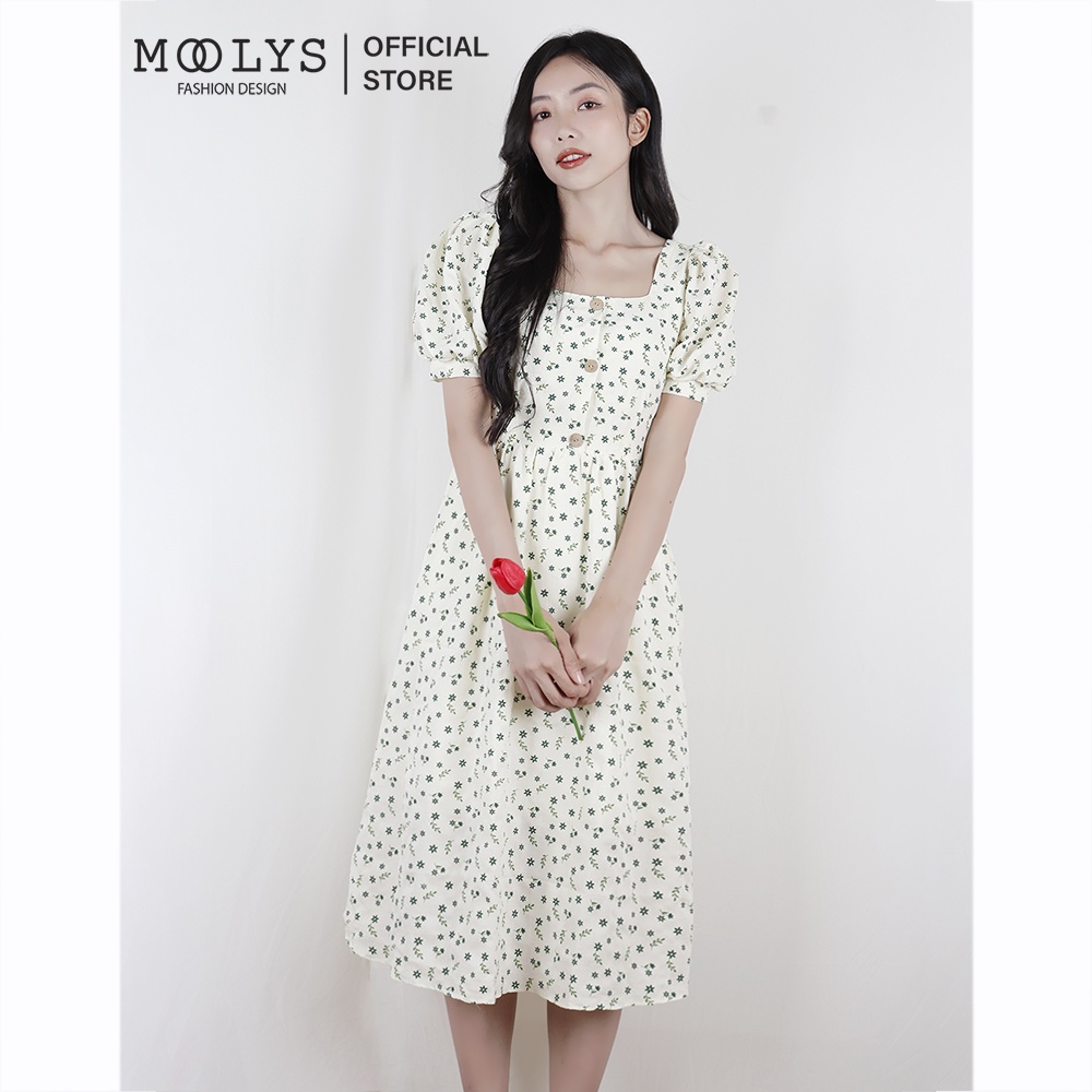 Đầm hoa nhí cổ vuông tay phồng dễ thương Moolys MD005