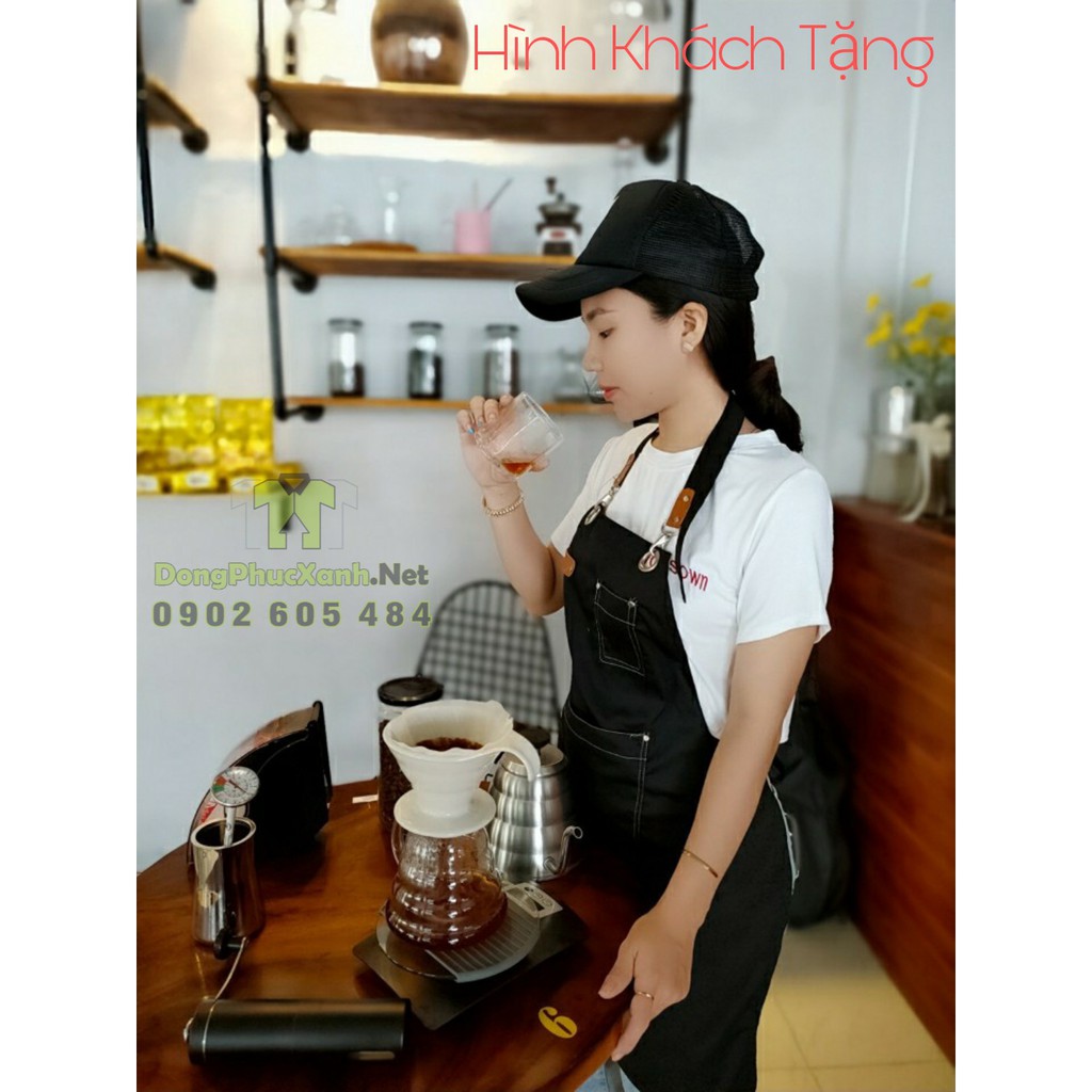 Tạp dề đẹp kaki phối Da cao cấp - Tạp dề pha chế Tạp dề cafe Tạp dề phục vụ