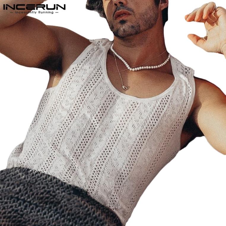 Áo Tank Top INCERUN Sát Nách Cổ Tròn Phối Ren Lưới Xuyên Thấu Cho Nam !