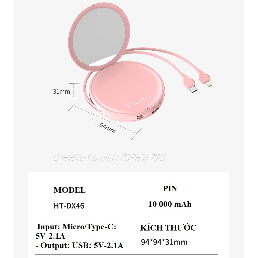 Sạc dự phòng mini có gương mini trang điểm nhỏ gọn chính hãng INTEL IDENCE