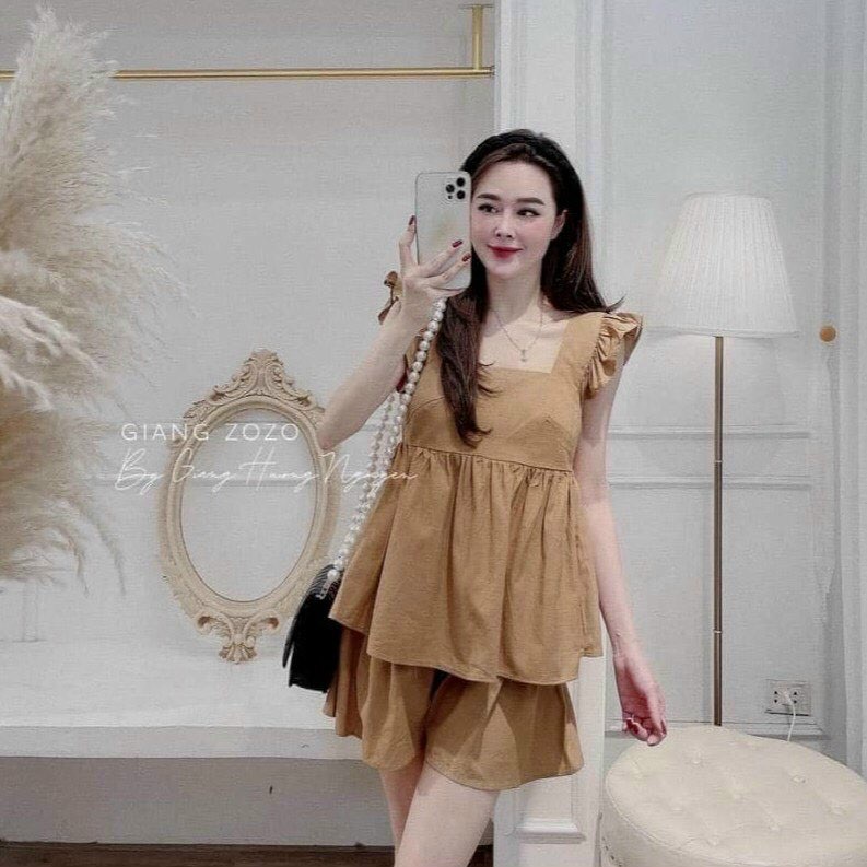 Set babydoll cho nữ mặc nhà, mặc đi chơi, áo form rộng, tay cánh tiên, quần short, vải kate, màu tôn da, dễ thương
