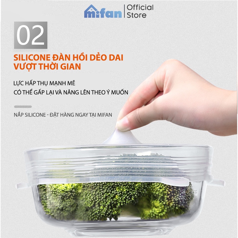 Bộ 6 Miếng Silicone Bọc Thực Phẩm Cao Cấp MIFAN - Nắp đậy màng Silicon bảo quản thức ăn Dày Dặn Độ Co Giãn Tốt