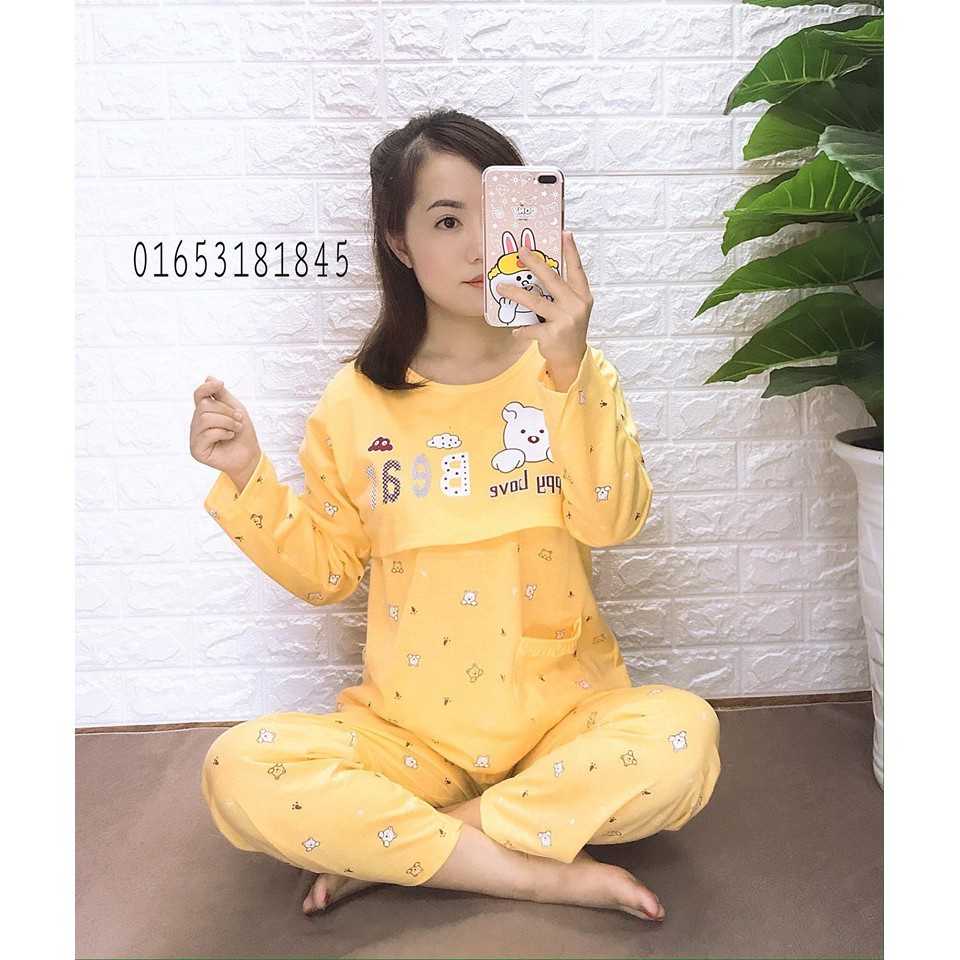 Đồ bộ bầu sau sinh[FREESHIP]vải cotton xịn, quần dài, áo vén ngực cho bé bú, cạp quần có mổ khuy nút, size 48--75kg