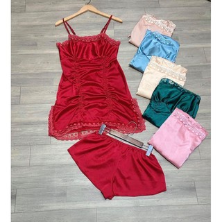 Đầm Ngủ 2 Dây Satin Phối Ren