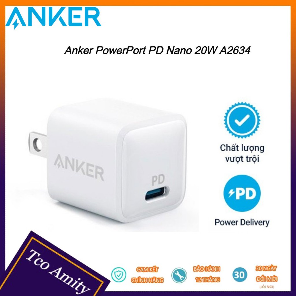 Củ sạc nhanh Anker A2633 PowerPort PD Nano 20W - 1 cổng USB C - Hỗ trợ sạc nhanh cho iphone, ipad - Bảo hành 18 tháng