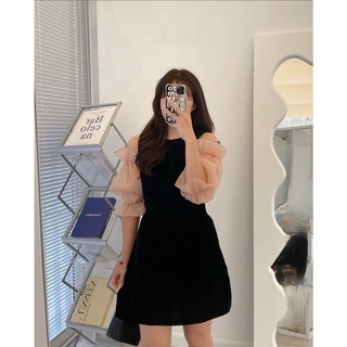 Váy nhung hở vai tay voan, váy nhung đen phối voan cực xinh dự tiệc, event